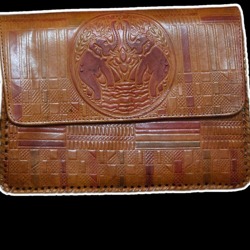 Vintage Hand Tooled Leather Elephant Shoulder Bag - Boho Shantiniketan Style
